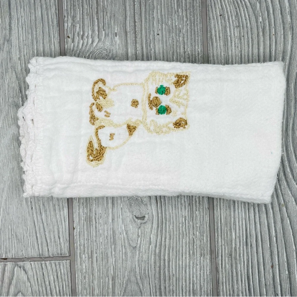 8 vintage hand made baby burp clothes / wash cloths embroidered / crochet / sewn